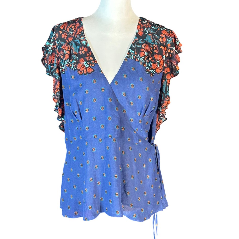 Meadow Rue Wrap Top Women 14 (Fits like 8) Floral Flutter Sleeve V-Neck Blouse